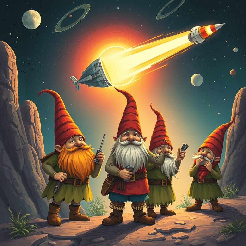 Gnomes Blast Music into Spacecraft: Whimsical Sci-Fi Scene