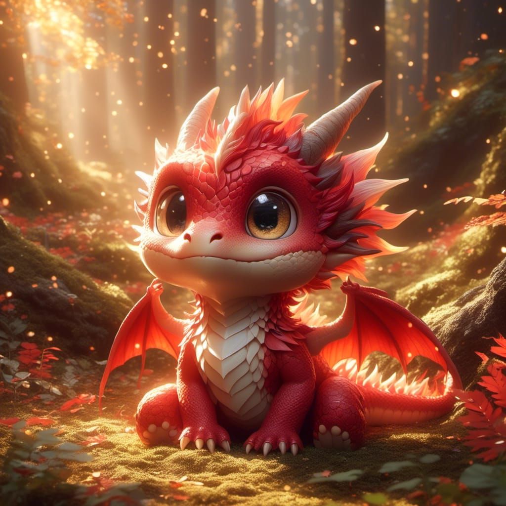 Adorable Red Fire Dragon in Forest, Fantasy Art