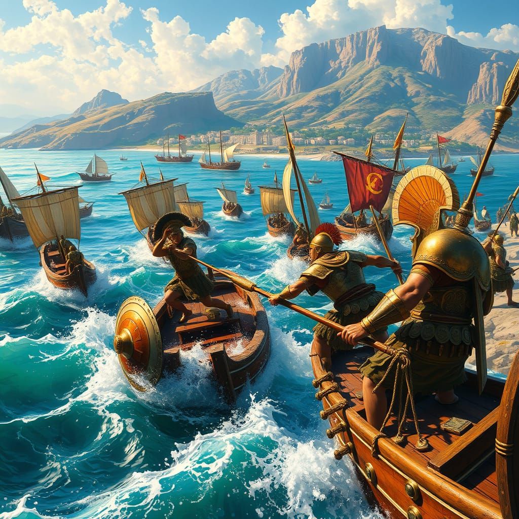 Ancient Greek Warriors Engage in a Fantastical Naval Battle