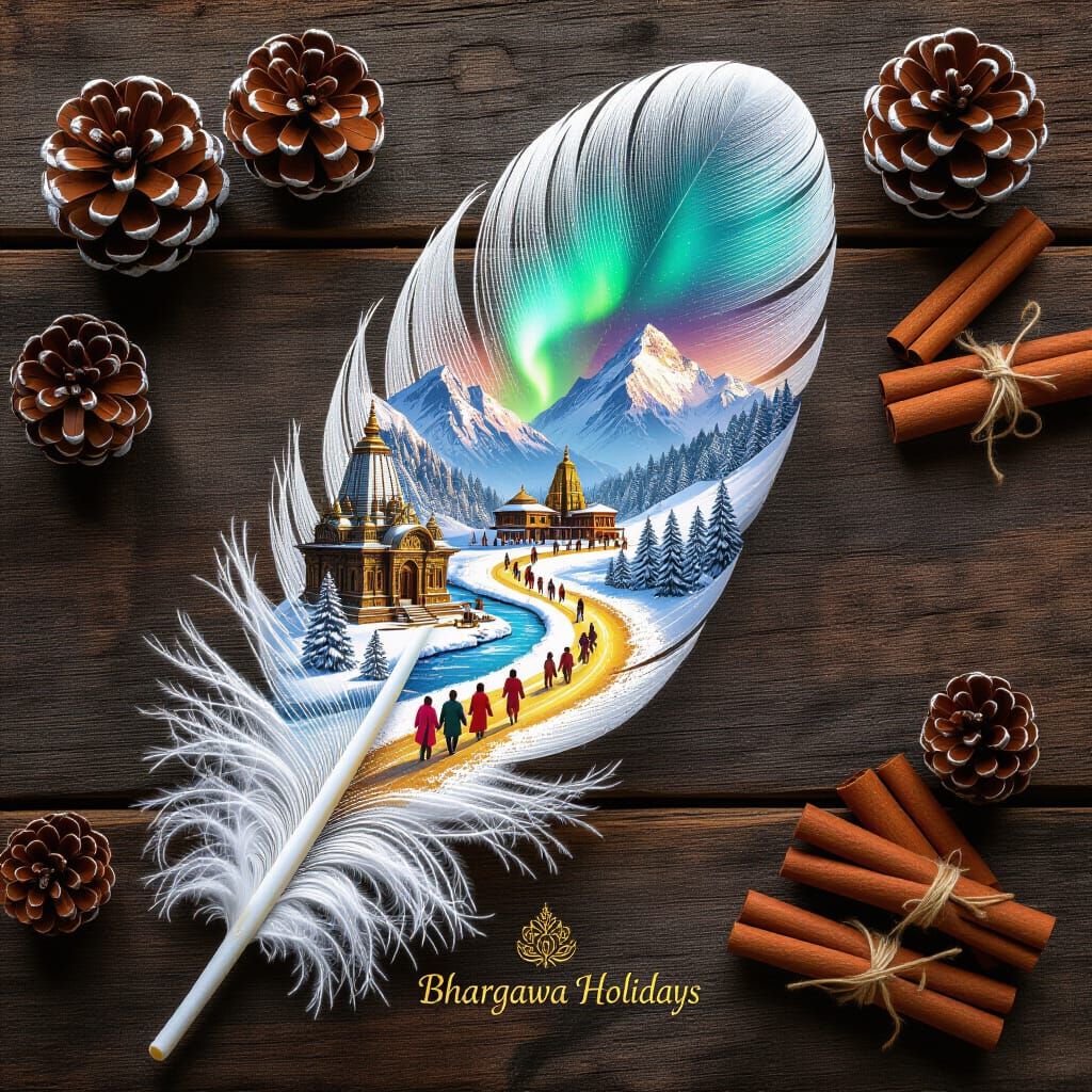 Macro Double Exposure Feather Art with Pilgrimage Scenes