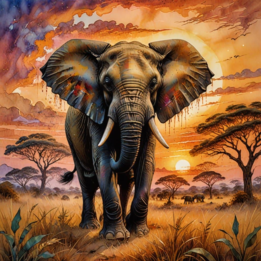 Majestic Elephant Silhouette at Sunset, Watercolour Style