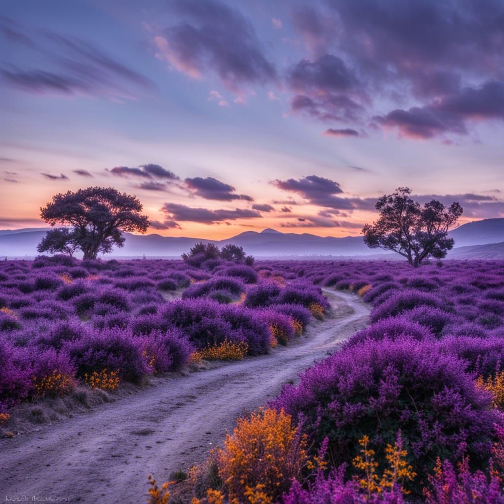 Purple Path at Sunset: A Colorful Landscape