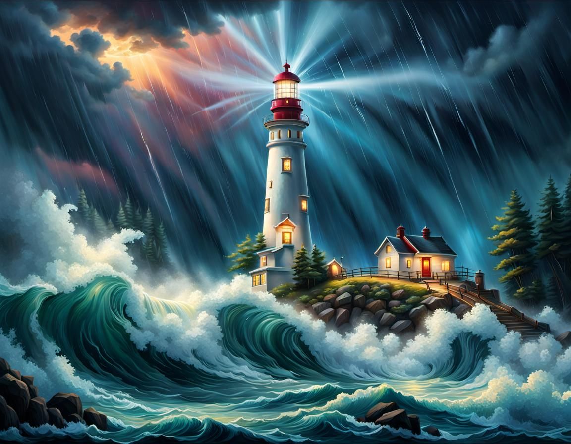 Lighthouse in Rainy Night, Hyperrealistic Digital Art