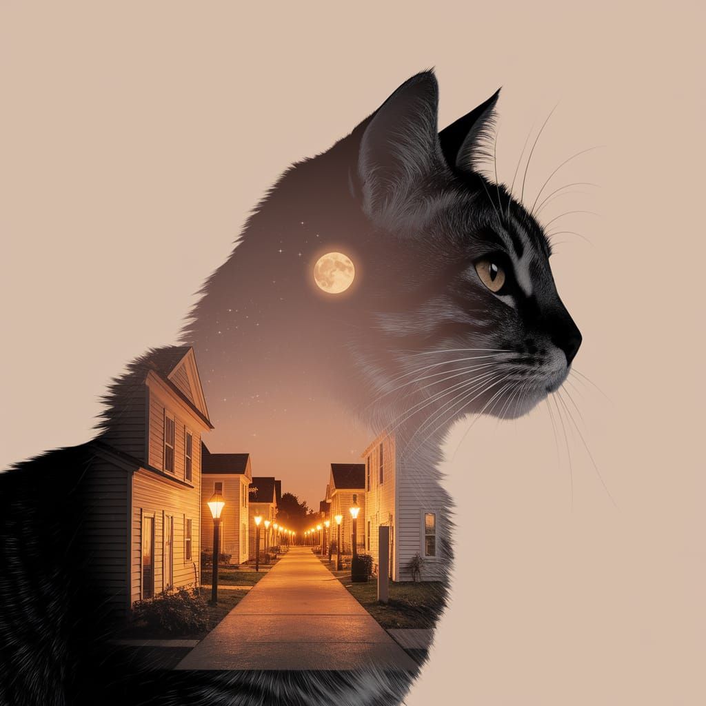Cat Profile Double Exposure with Summer Night Cityscape and ...