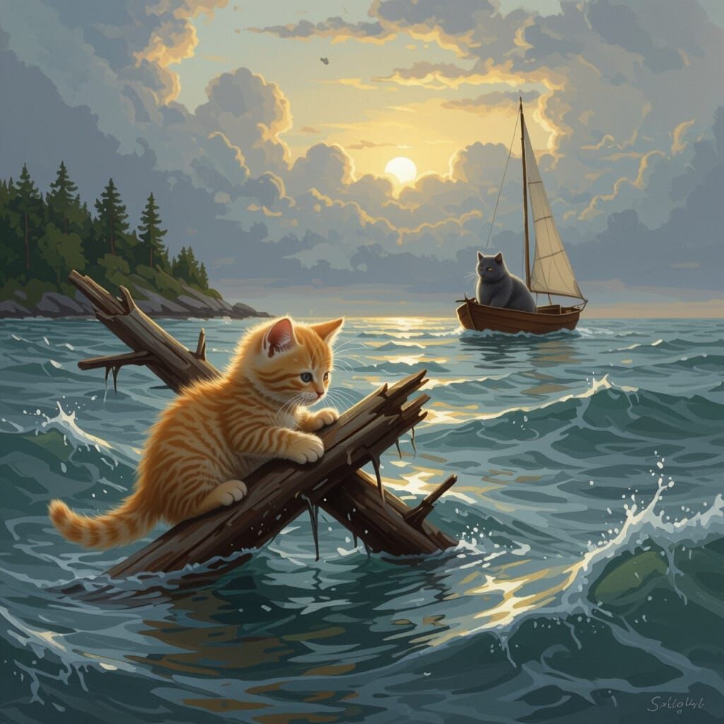 Kitten's Perilous Voyage on a Stormy Sea