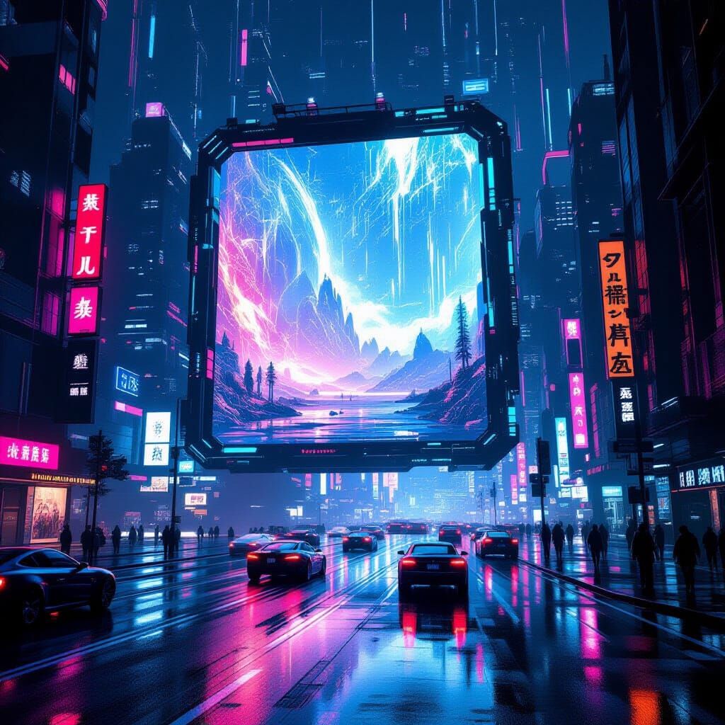 Cyberpunk Cityscape with Holographic Portal