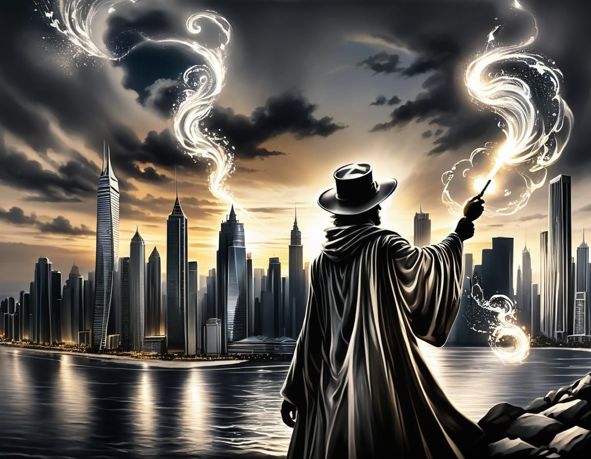 Sorcerer Casting Spells at Sunset in Charcoal Style