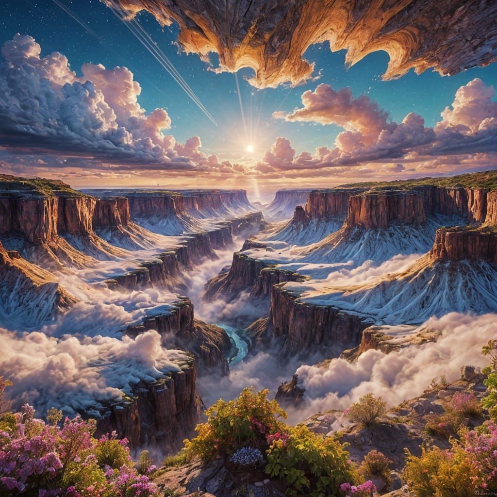 Surreal Candy Cloud Canyon with Glittering Gems in Vibrant C...