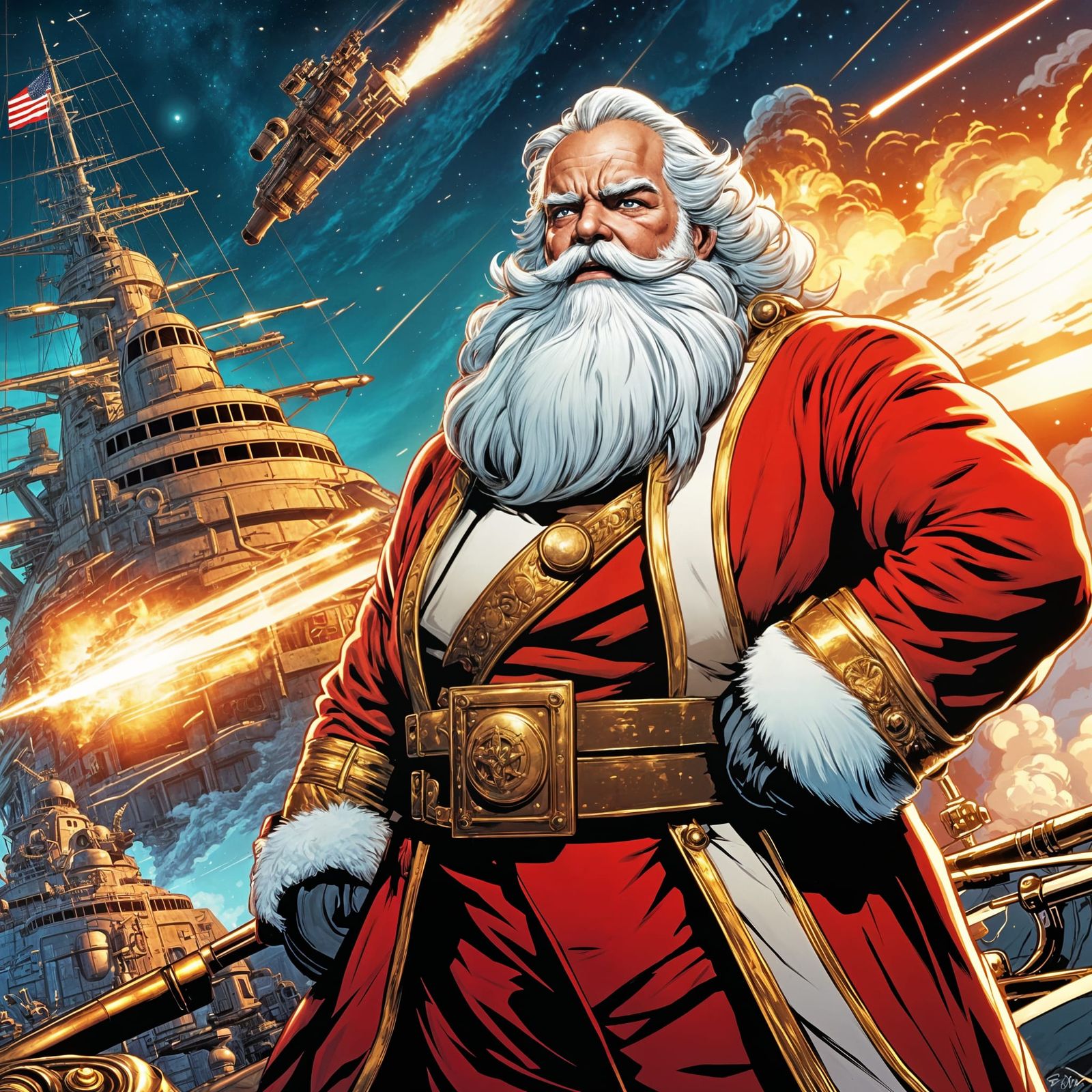 Santa Claus on Battleship in Comic Book Style