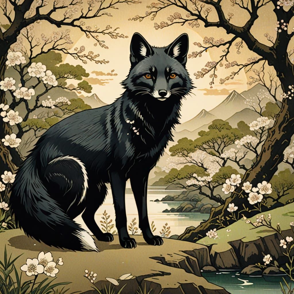 Black Fox in Ukiyo-e Style with Cherry Blossoms
