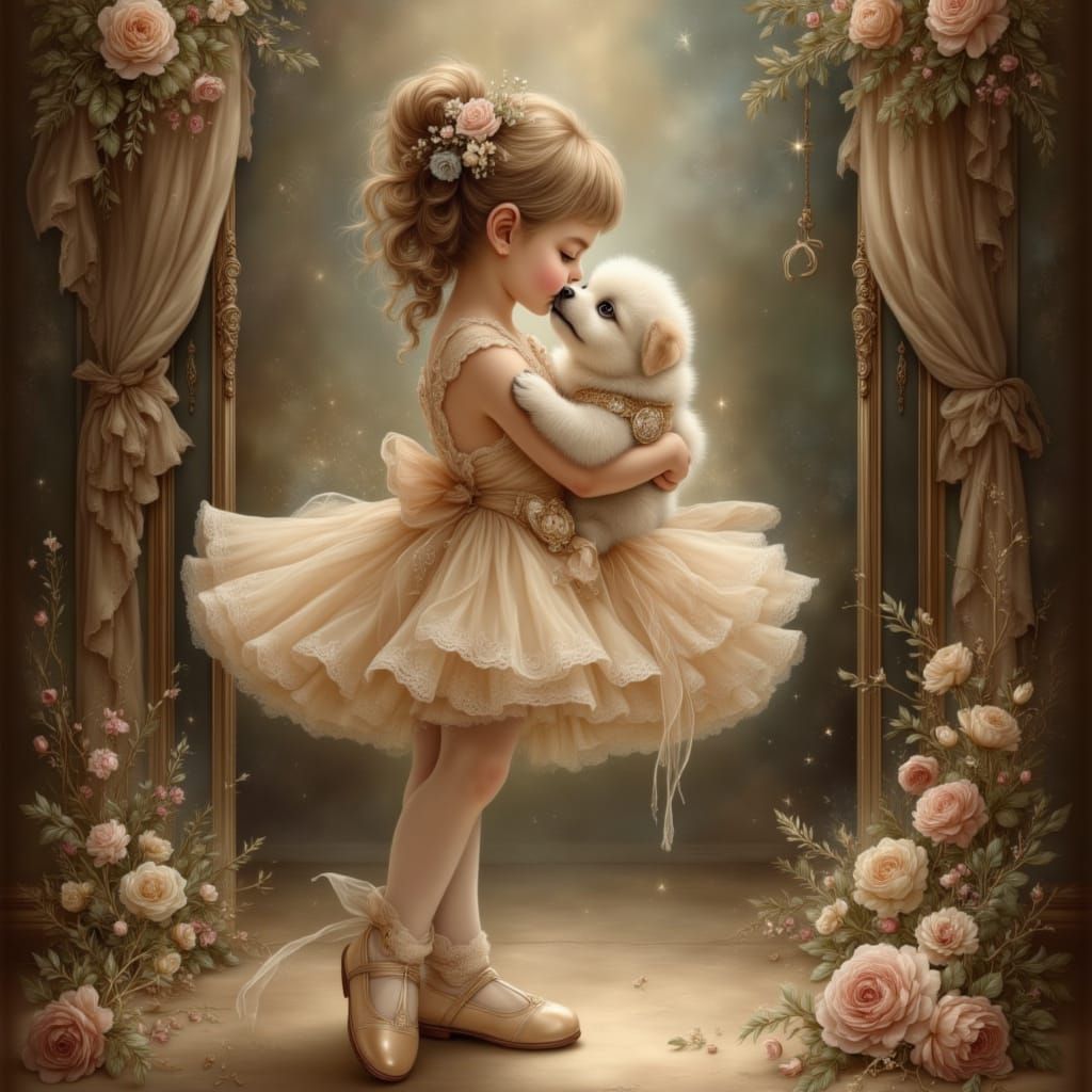 Child Ballerina Kissing Puppy in Theatrical Spotlight