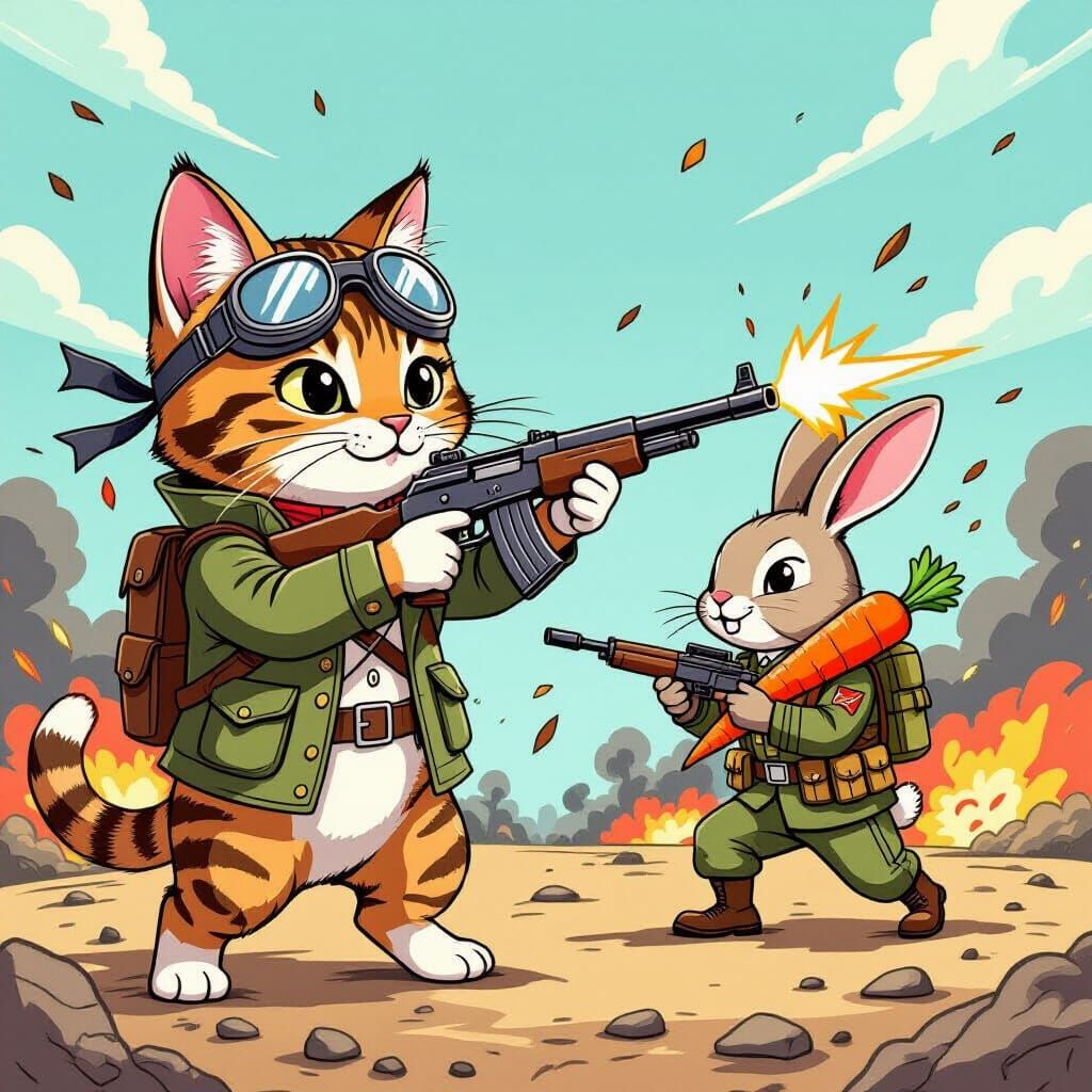 Cute Cat Aims Rifle on Chaotic Battlefield in Cartoon Style