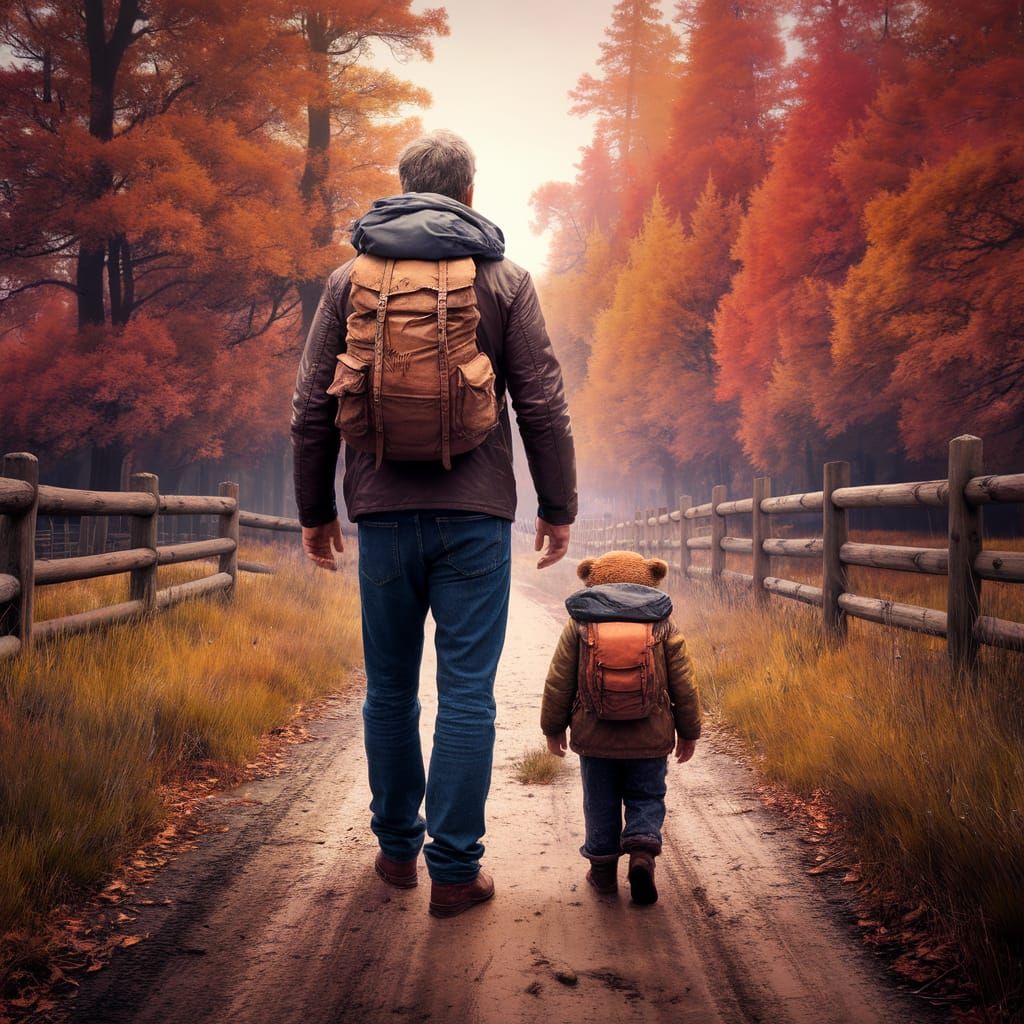 Bears Walking into Autumn Forest: Watercolor Painting