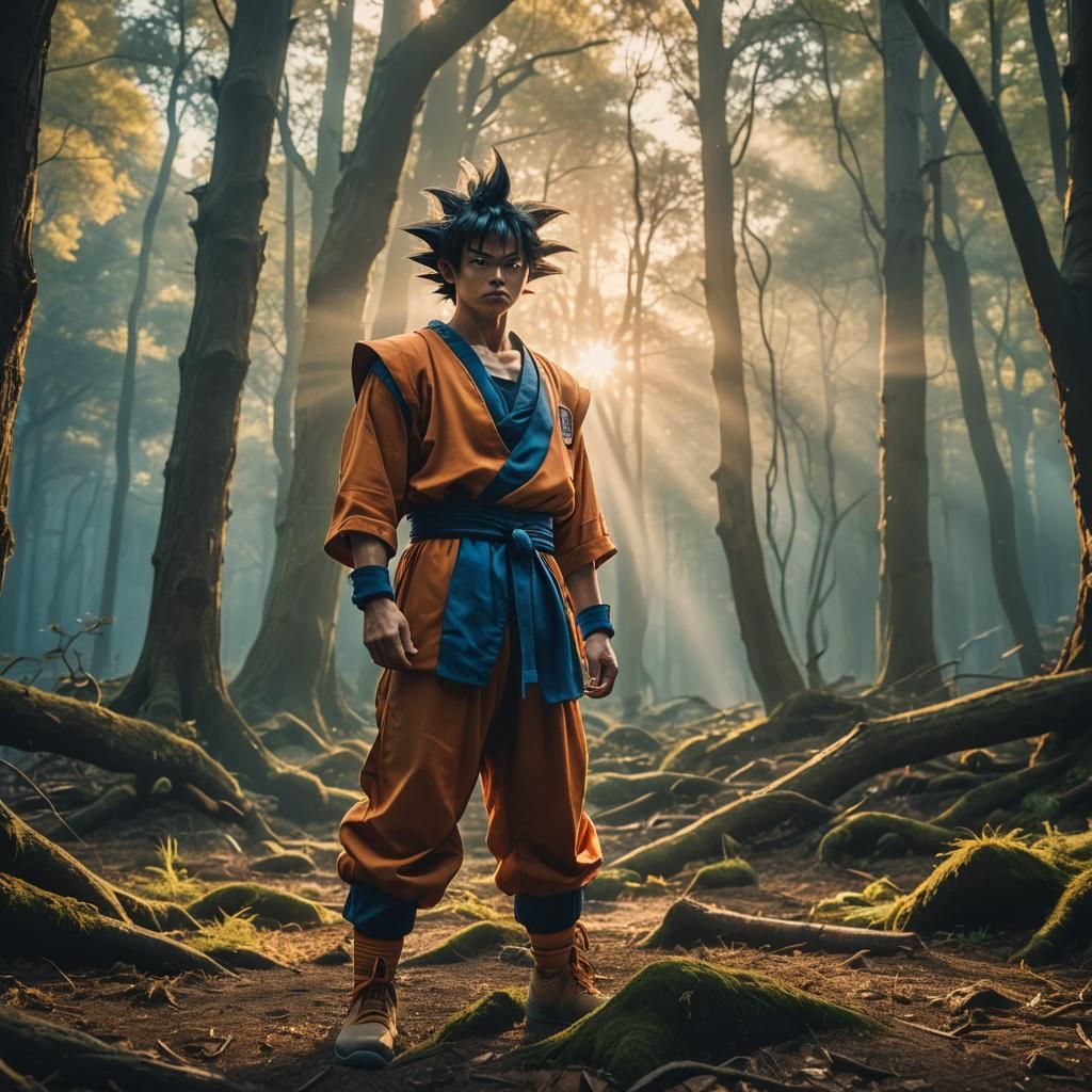 Japanese Man as Goku in Mystical Forest