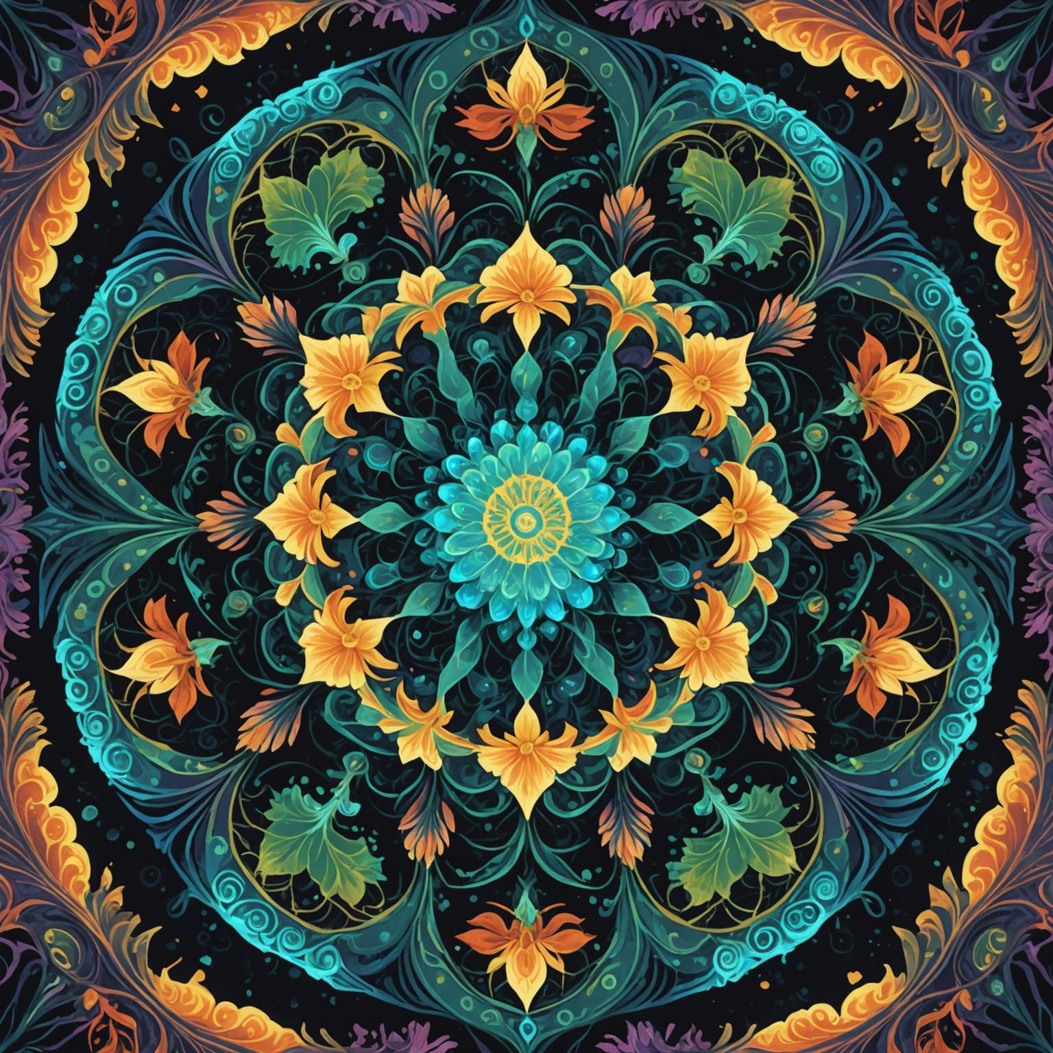 Bioluminescent Flora Kaleidoscope in Ghibli-Gurney Style