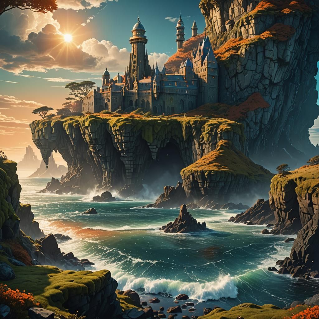 Tower by Sea with Hovering Spaceship: Digital Matte Painting