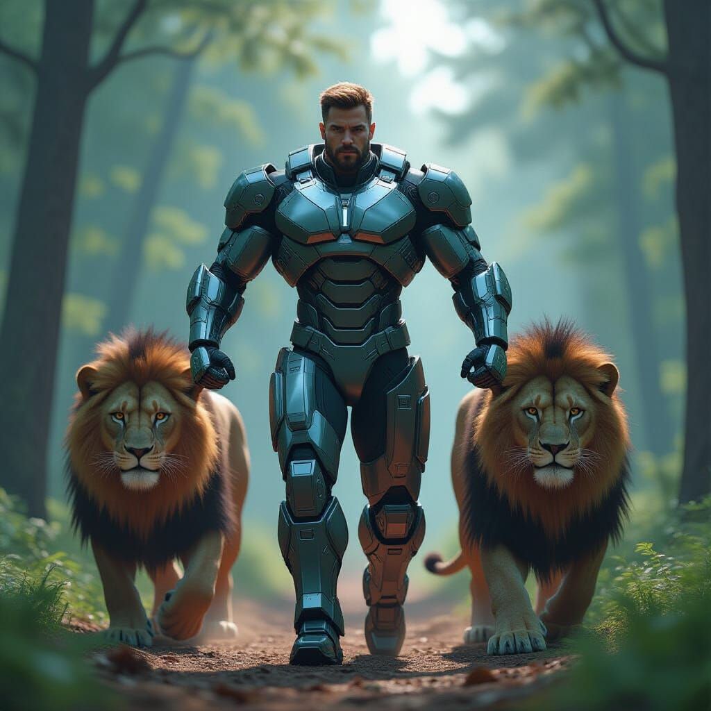 Sci-Fi Warrior Trains With Giant Lions in Forest