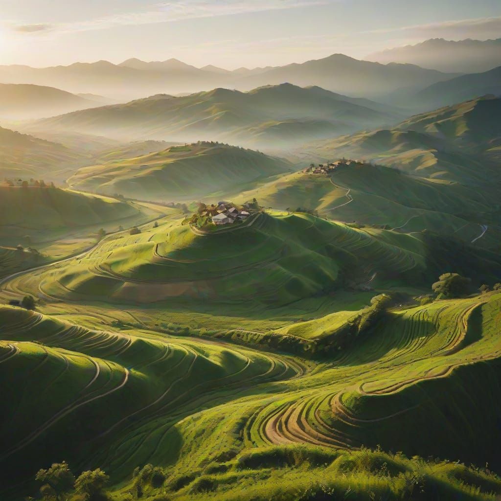 Lush Green Hills in Golden Light, Landscape Photography