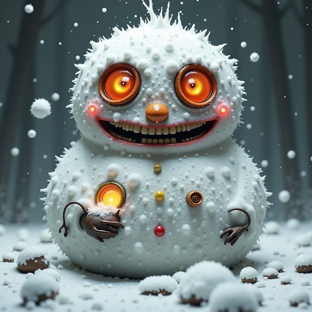Hyperrealistic Button-Eyed Snowman with Stitched Grin