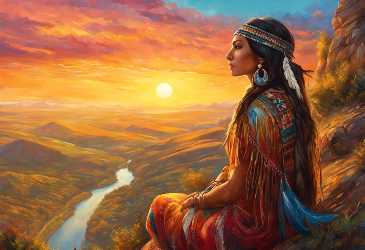 Native American Woman Portrait at Sunset, Digital Art