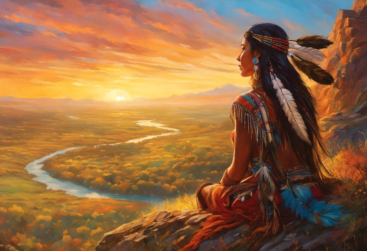 Native American Woman in Colorful Fantasy Landscape