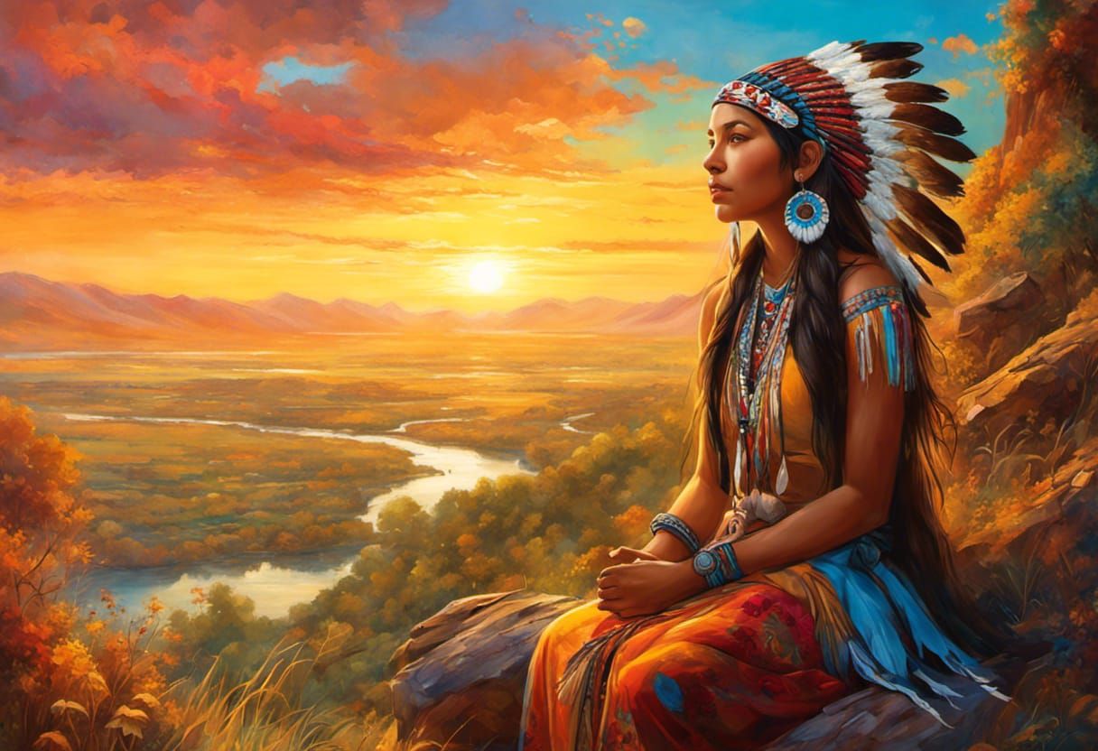 Native American Woman Overlooking Sunset Valley