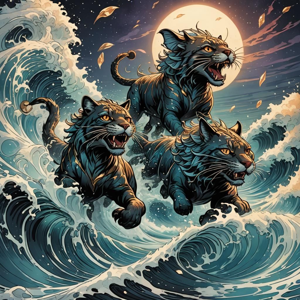 Anthropomorphic Cats Riding Crystal Waves Comic Art