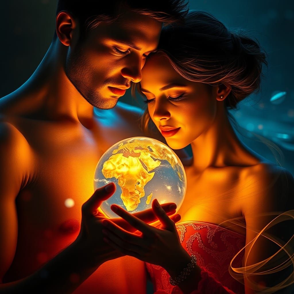 Ethereal Couple: Man Holding the World in Art Nouveau Style