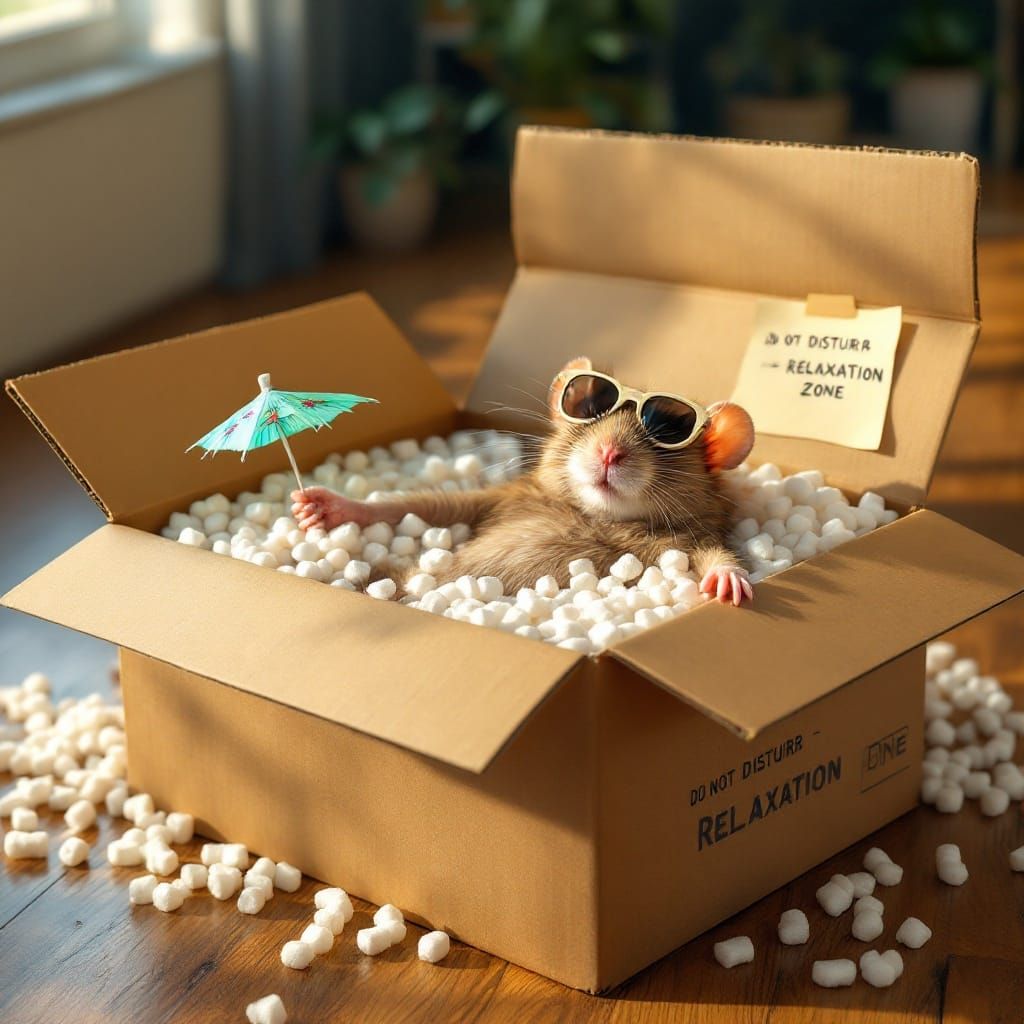 Relaxing Rat in Delivery Box: Hyperrealistic Image