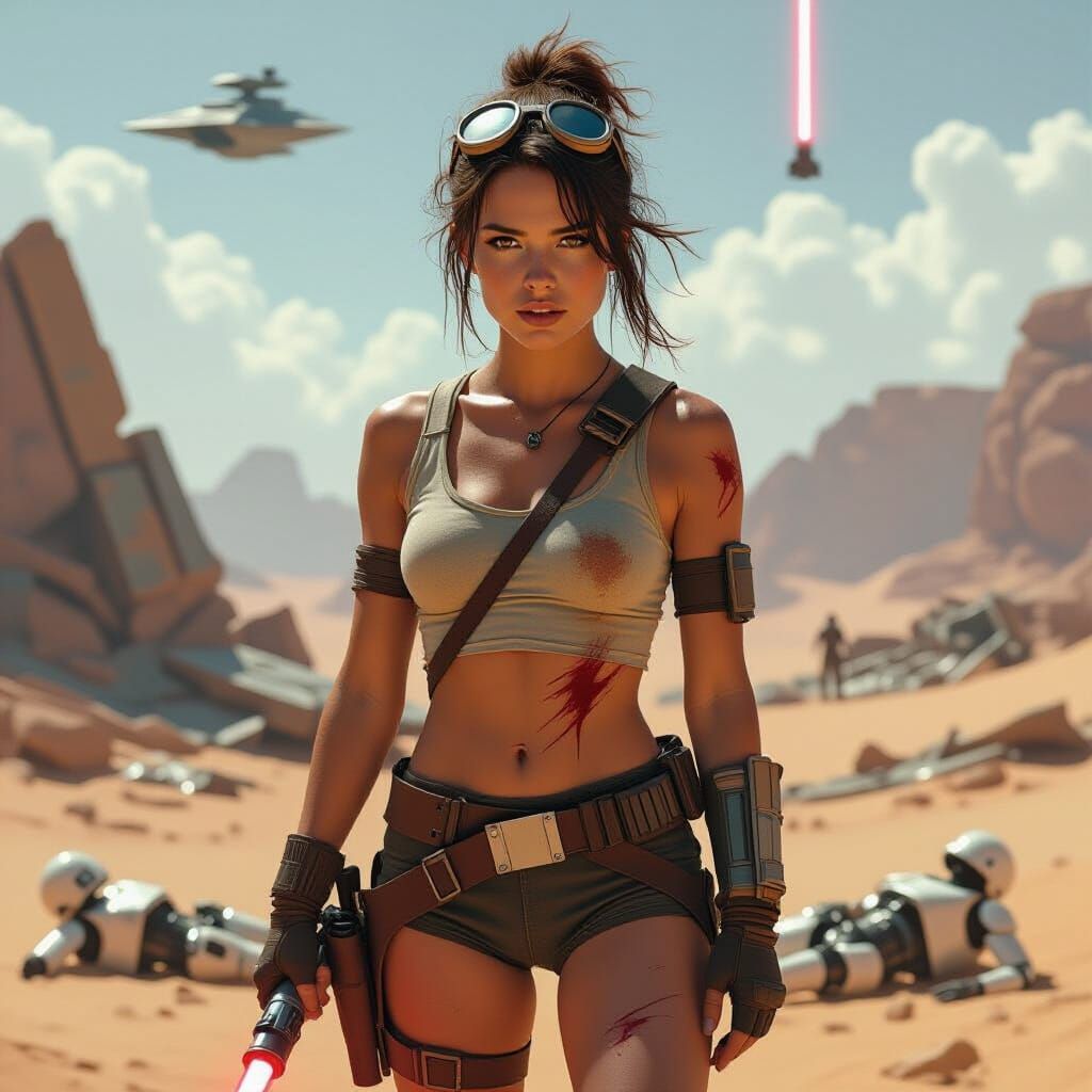 Rey the Scavenger in Desert Wreckage, Sci-Fi Art