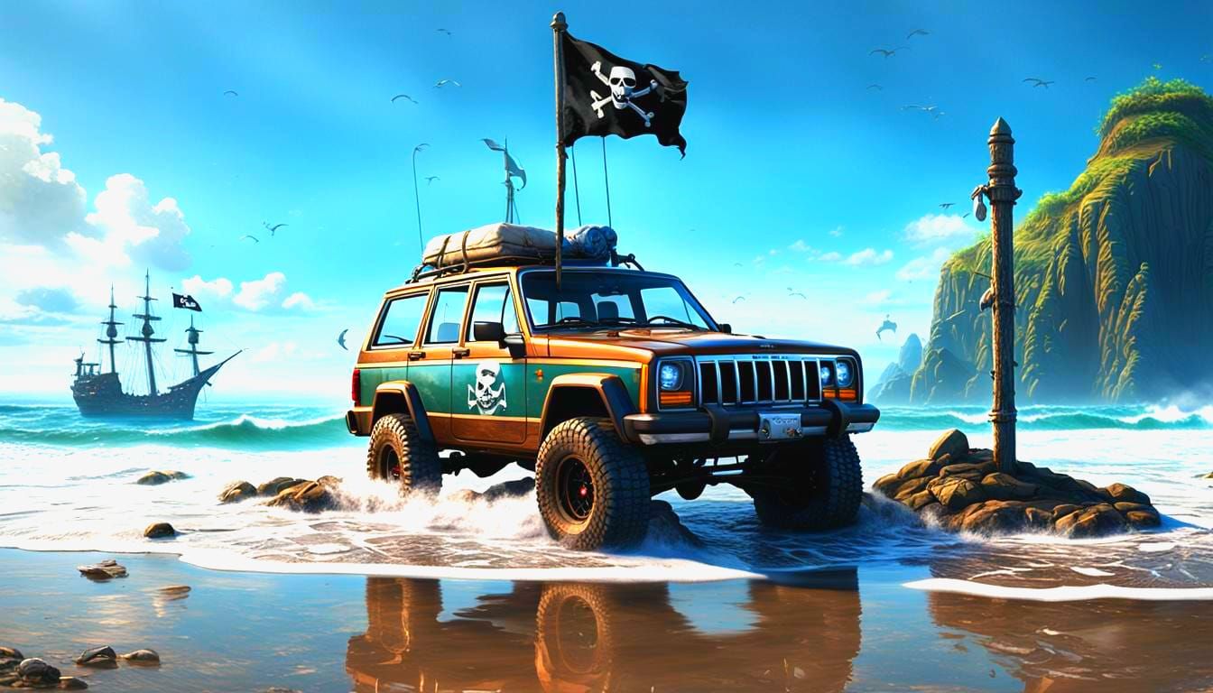 Jeep Cherokee XJ at Beach Cape with Pirate Flag