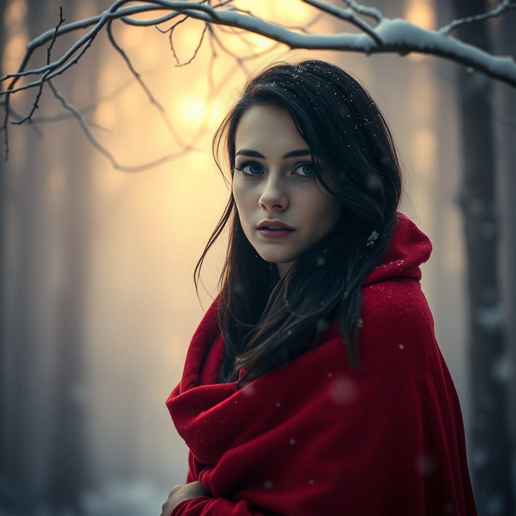 Ethereal Winter Goddess in Crimson Cloak