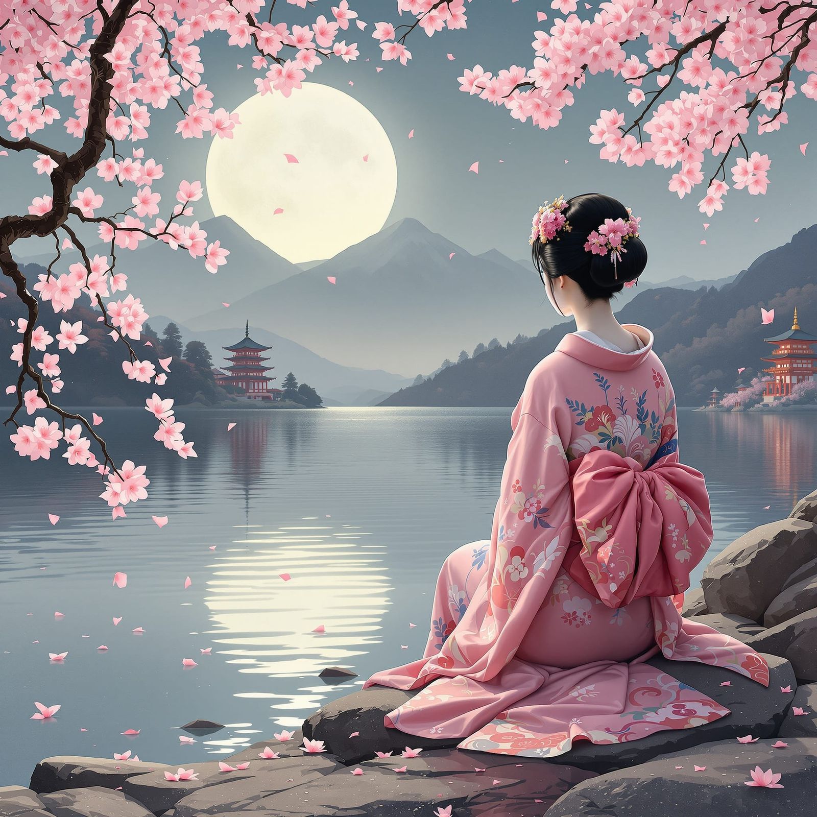 Geisha Contemplates Lake Under Full Moon in Digital Painting...