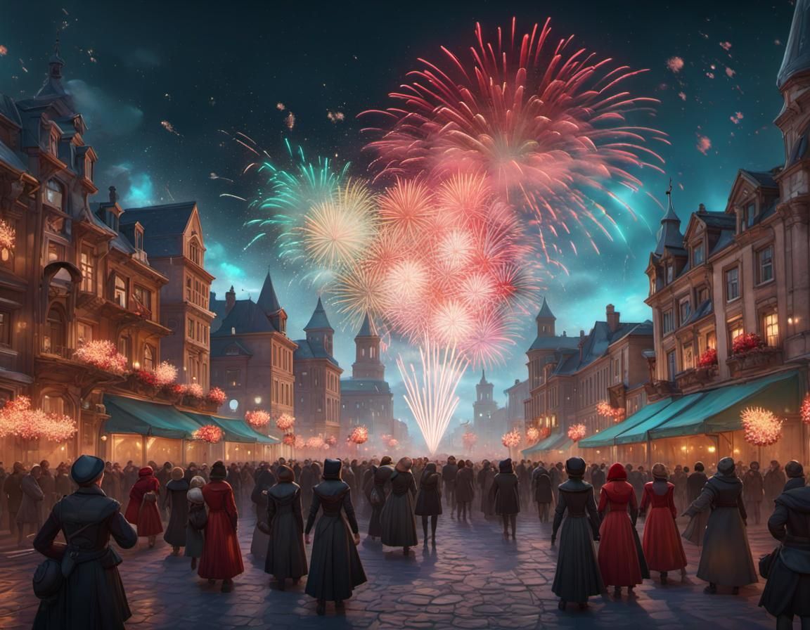 New Year Celebration with Fireworks, Hyperdetailed Art
