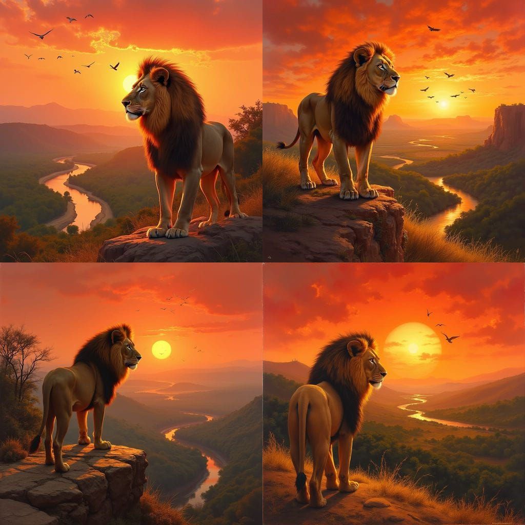 Majestic Lion at Sahara Sunset: Gurney-Style Oil Painting