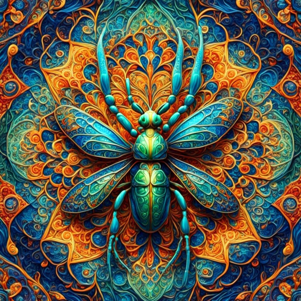 Stained Glass Praying Mantis in Fractal Mandala