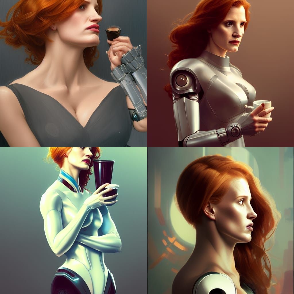 Jessica Chastain Portrait with Robot Arm, Detailed Art