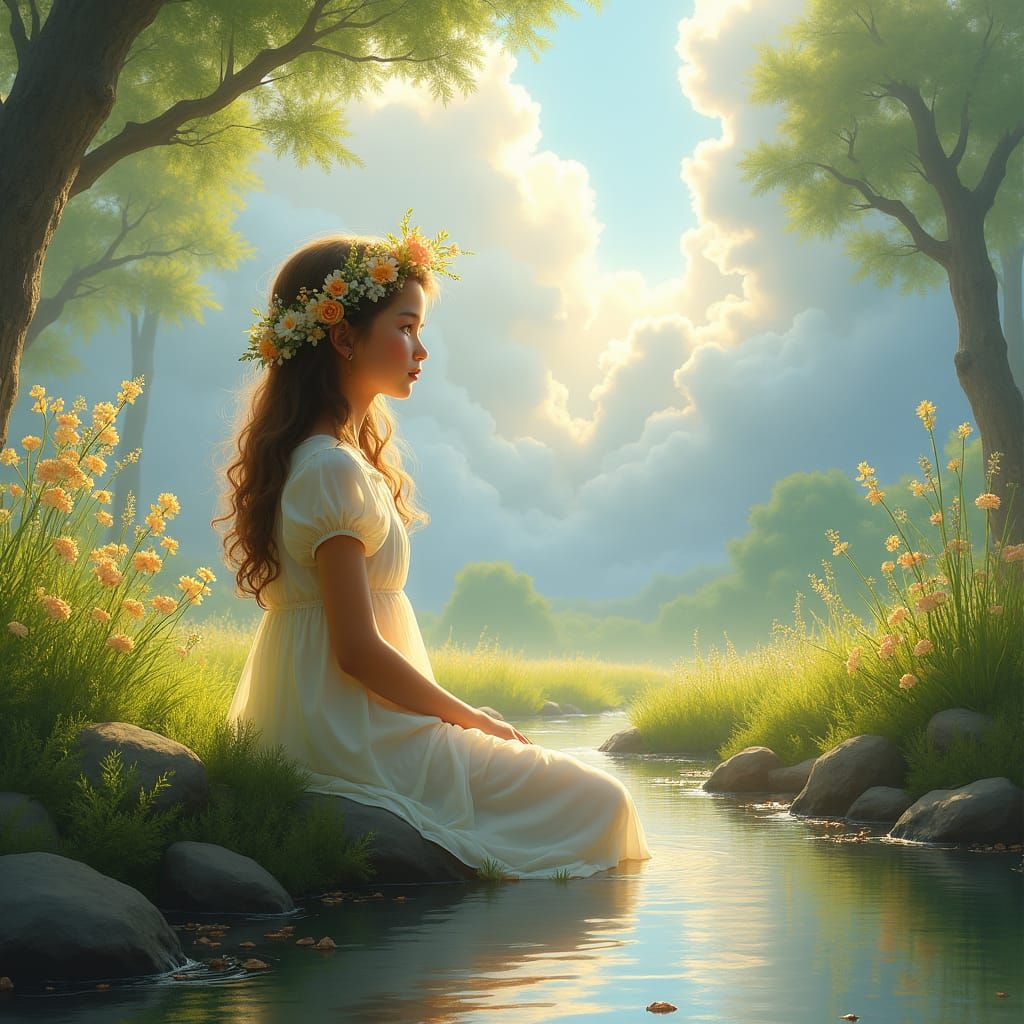 Ethereal Girl by Stream in Romantic Style