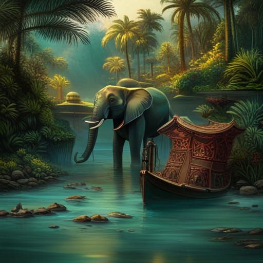 Black Elephant in Tropical Forest, Chicano Art