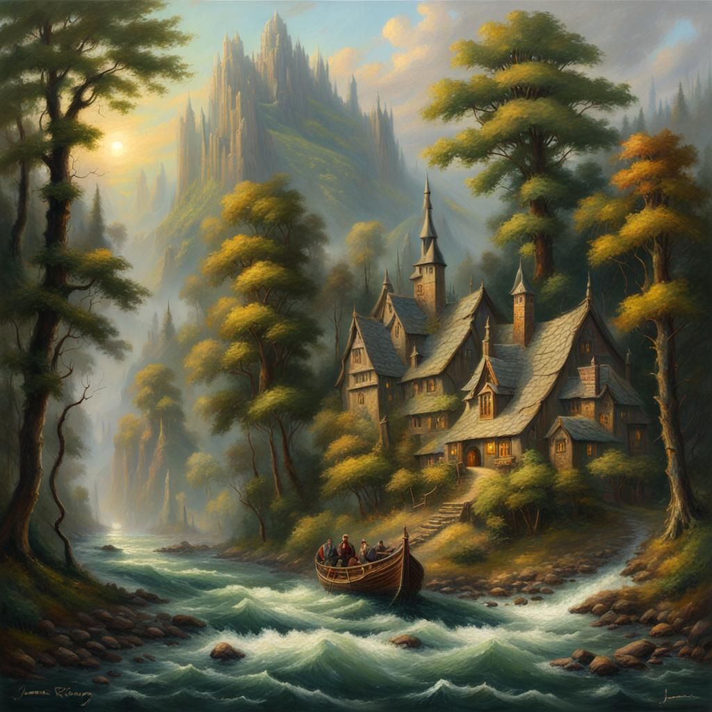 Idyllic Riverside Town in Tolkien Forest