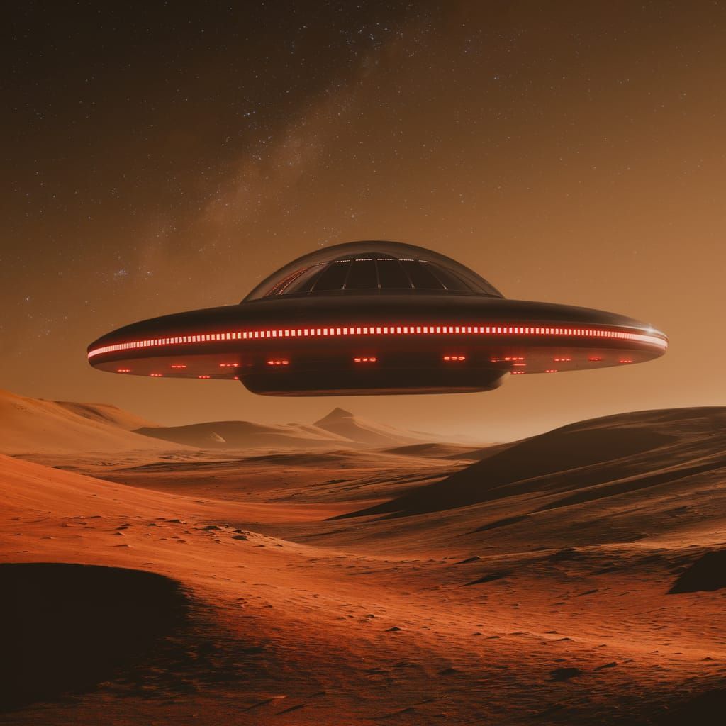 Black UFO over Mars in the Night Sky