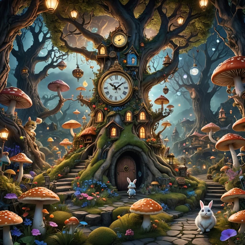 Fantastical Wonderland Scene with Alice in Hyperrealism