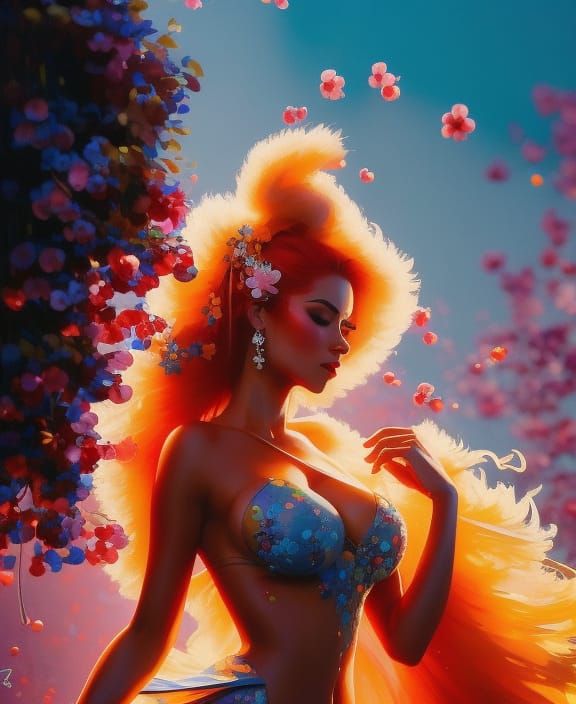 With the most amazing red hair she dances in a cherry blossom shower