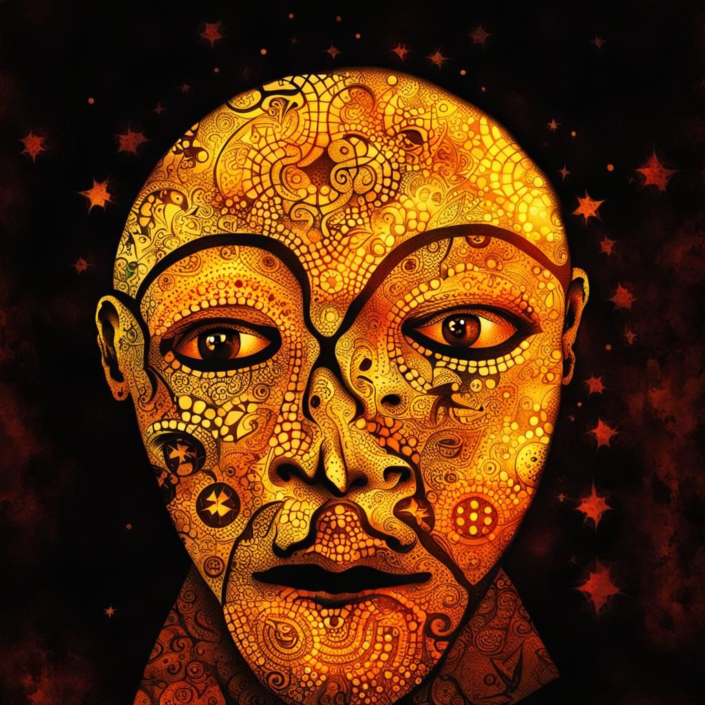 Psychedelic Face with Tattooed Symbols