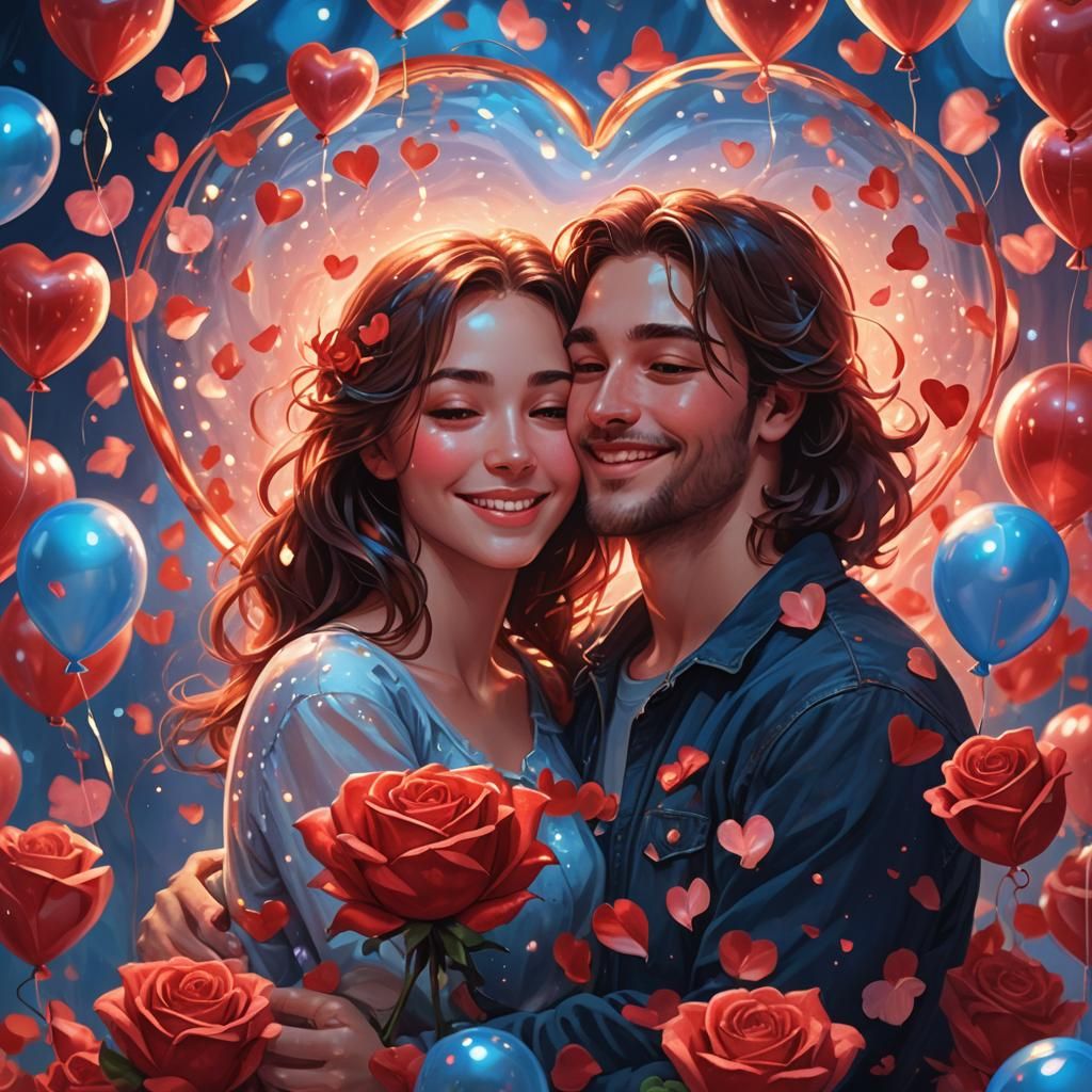 Lovers' Embrace in Rose Petals: Fantastical Concept Art