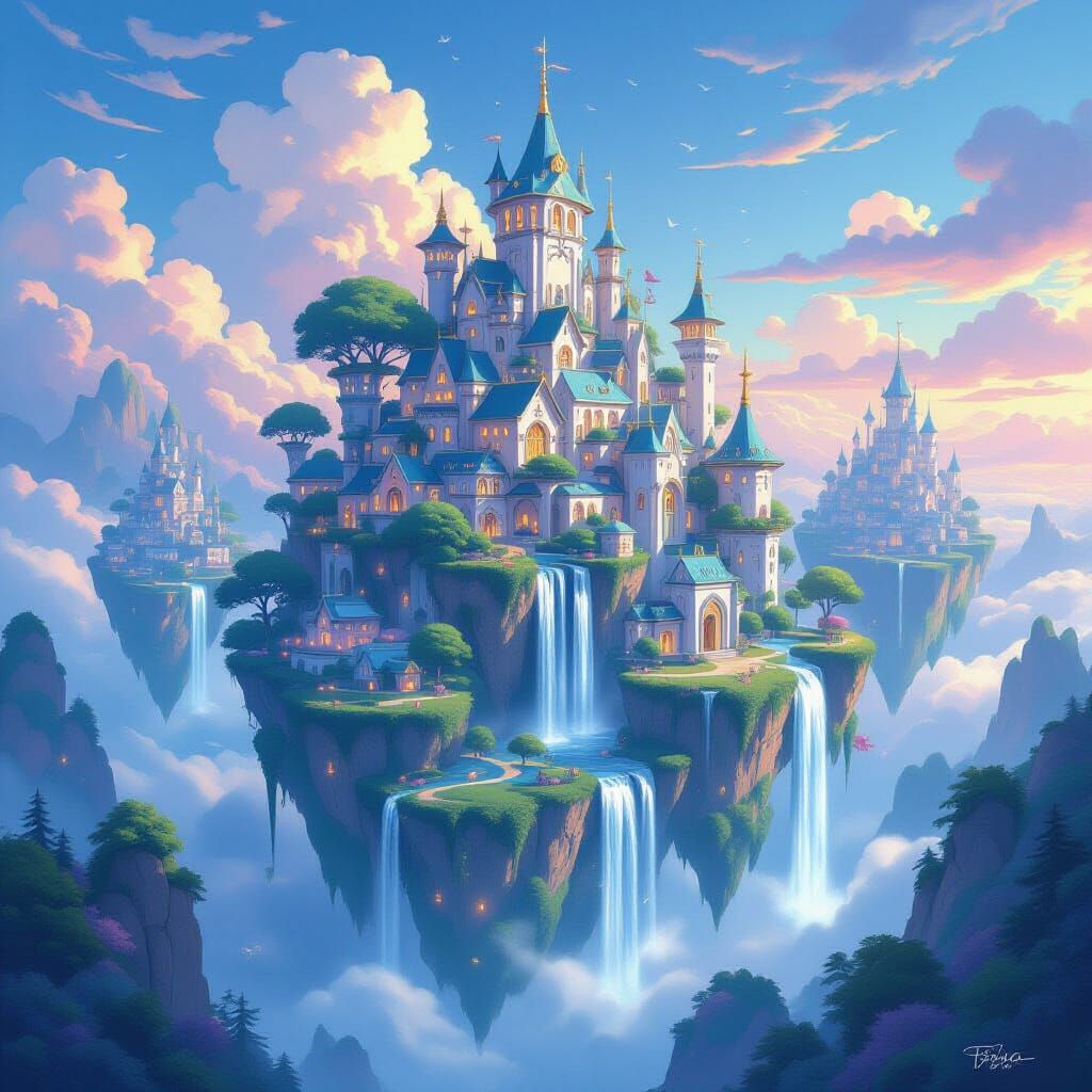 Fairytale City on Floating Islands at Twilight