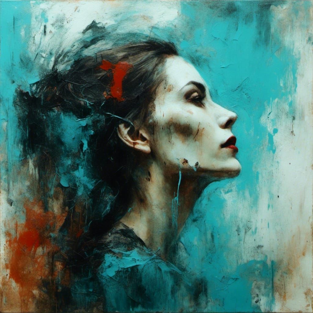 Abstract Vampire Woman Portrait in Cerulean Oil