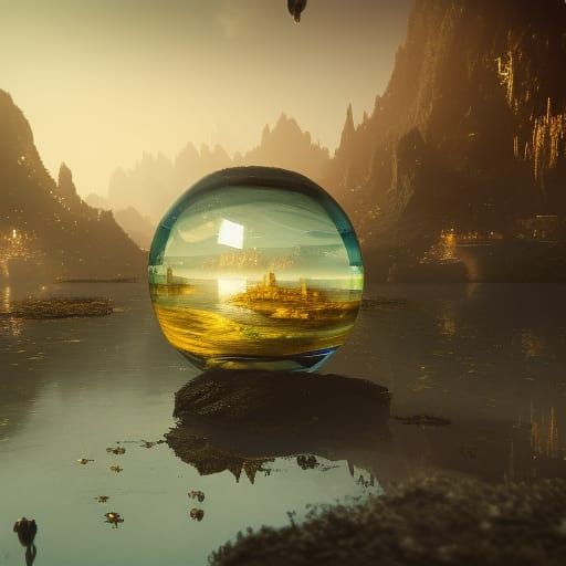 Glass Orb with Town Floating on Water