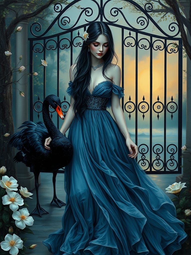 Gothic Lady with Swan in Expressionist Oil Painting