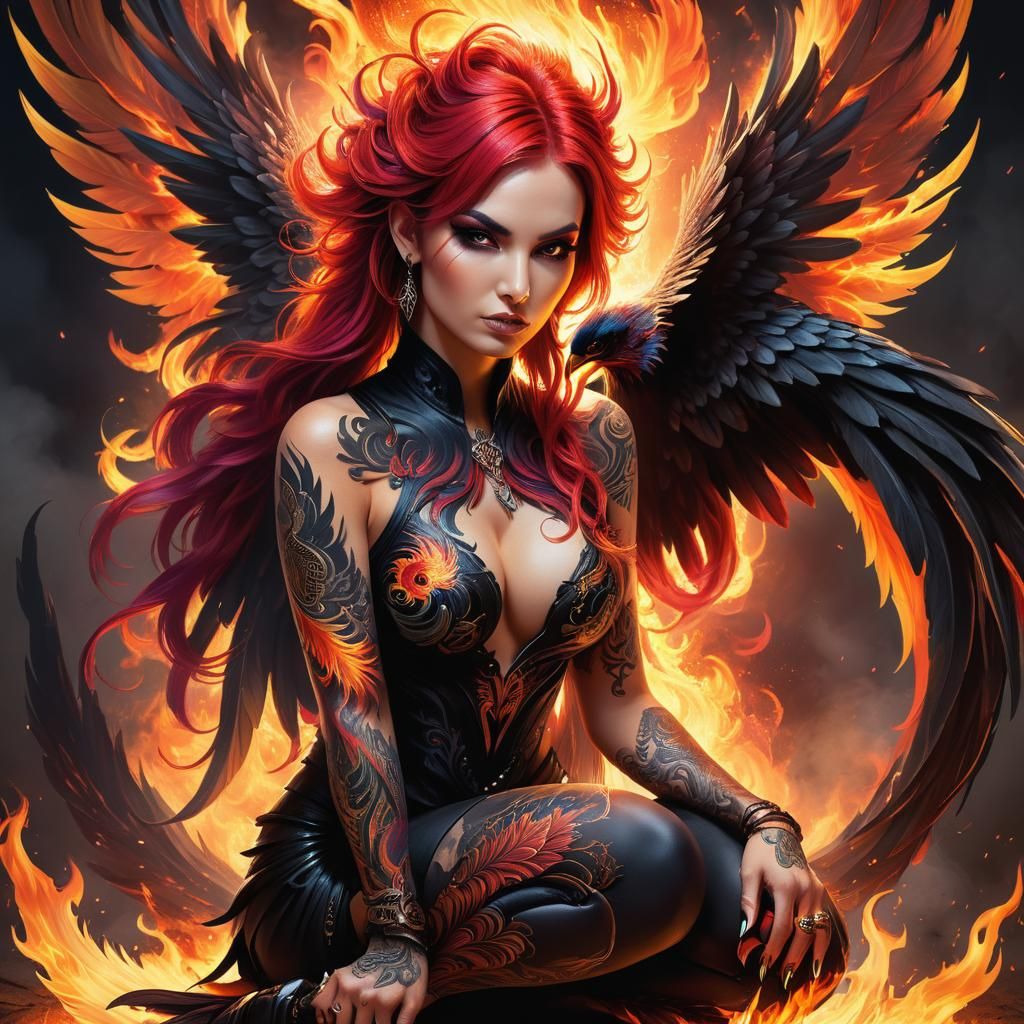 Gothic Phoenix Woman Portrait in Dark Surrealism Style